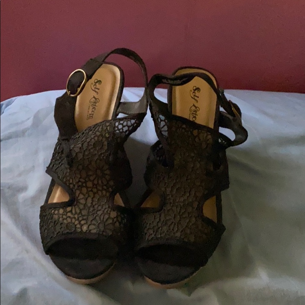 Self Esteem Black Lace Wedges